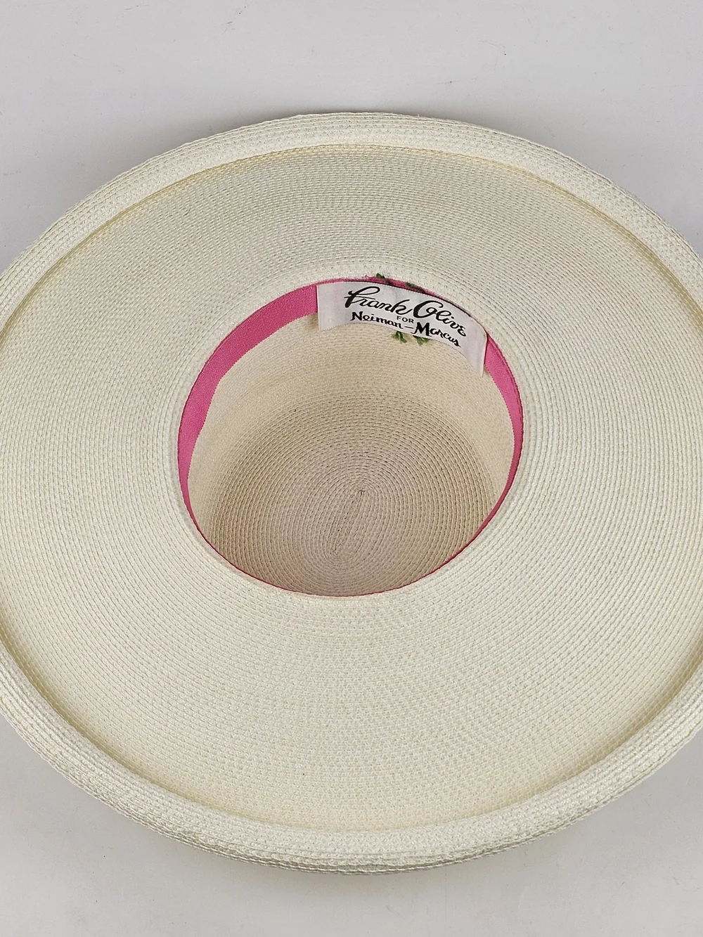Vintage 1960s Frank Olive Women’s Ivory Wide-Brim Straw Sun Hat with Bow